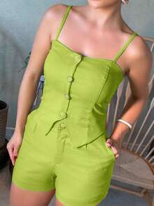 2 Pieces Outfit Spaghetti Strap Button Front Slit Hem Shirred Cami Top And Casual Zipper Fly Elastic Back Waist Slim Fit Shorts Set - 綠色 - 查看 3