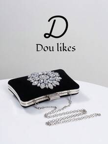 Women's Fashion Black Velvet Evening Clutch, Romantic Wedding Handbag With Luxurious Sequin Decor, Formal Party Bag, Bridal Purse With Detachable Shoulder Strap