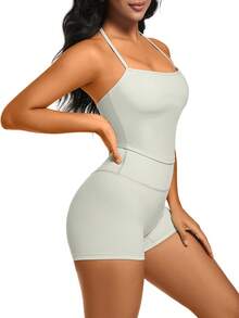 1 Pack Summer Women's Open Back Tracksuit Set Camisole Top High Waist Yoga Shorts Quick Dry Set Is Suitable For Holidays, Travel Work, Sports Wear - Xám - Xem 6