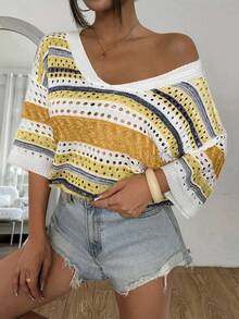 Suéter de punto calado con rayas de color contrastante para mujer de talla grande, adecuado para vacaciones y fiestas en la playa - Amarillo - Ver 4