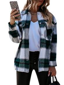 Women's Plaid Shacket Fall Outfits Long Sleeve Button Down Shirts Jacket Coats With Side Pockets - 綠色格子 - 查看 5