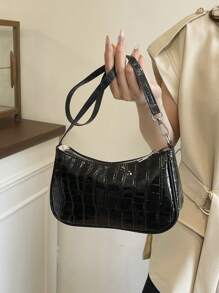 Nova Chegada Bolsa de Ombro Simples, Bolsa Transversal Casual de Couro PU com Estampa de Crocodilo e Corrente para Mulheres