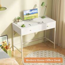 Vanity Desk With Drawers, 47 Inch Computer Desk, Modern Simple Home Office Desk, Makeup Dressing Table Bedroom - White And Gold, 7997G - White - View 6