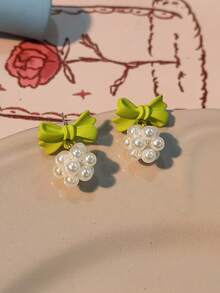 1 Pair Fashionable Faux Pearl Simple Green Bow Stud Earrings, Cute & Fresh For Sunny Summer - one-size - View 4