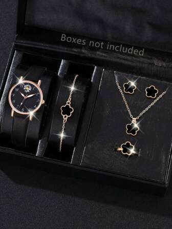 ชุด 6ชิ้น/เซ็ต นาฬิกาสบายๆหนังเทียมสีดำสำหรับผู้หญิง ประกอบด้วยหลายอย่างแบบผู้หญิง เช่น หน้าปัดกลมมีตัวเลข สร้อยคอ กำไล ต่างหู และแหวน เหมาะสำหรับสวมใส่ทุกวันและเป็นของขวัญวันวาเลนไทน์ให้กับเพื่อนหรือแฟน