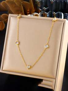 1 Set Fashionable Minimalist Niche Rhinestone Transparent Heart Pendant Necklace & Earrings Stainless Steel Gold-Plated Jewelry Set - Necklace + Earrings - View 5