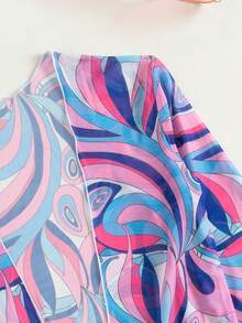 Full Print String Bikini With Beach Cover Up Kimono 3-Pieces Geometric Print Bikini Sets, V Neck Boxer Short Bottom With Cover Shirt Long Sleeves Swimsuit, Women's Swimwear & Clothing Valentine's Day - 紫色 - 查看 8