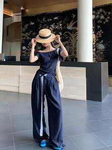 Quần ống đứng cạp ren thoải mái cho nữ - Màu xanh hải quân - Xem 3