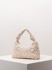 随机图案海滩必备品、拉菲草包、高档女士手提包、钩针编织套装、旅行必备品、女士度假装 - 杏色 - 查看 3