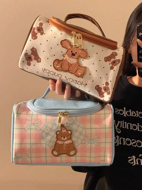 1pc Color Matching Cartoon Bear Travel Large Portable Toilet Bag, Suitable For Women's Cosmetics Storage Bag, Toiletries Storage Bag, Skin Care Product Storage Bag, Travel Portable Cosmetic Bag, Compartment Beauty Storage Bag, Travel Toilet Bag, For Eyeshadow Disc, Foundation, Eye Cream, Mask, Loose Powder And Toiletries, Suitable For Party Vacation, Wedding Makeup Use