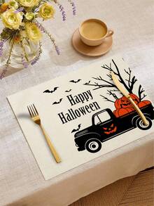 4 piezas/6 piezas/60 piezas Individuales de Halloween, individuales de lino con diseños de fantasmas de dibujos animados, castillos, arañas, murciélagos y letras, resistentes a la suciedad, aplicables para el hogar, restaurantes, decoración de mesa de comedor, artículos del hogar