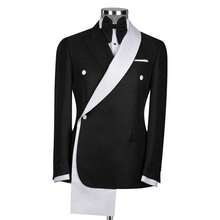 Men's Black And White Color-Blocked 2-Piece Suit Set, Unique Design Lapel, Slim Fit Blazer And Pants, Ideal For Weddings, Galas, And Formal Events - 黑色 - 查看 3