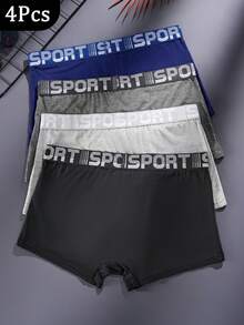 HIALEGION 4 piezas Calzoncillos deportivos para hombre con cinturilla con estampado de letras, ropa interior deportiva y de ocio de unicolor, calzoncillos tipo bóxer simples y cómodos para hombres