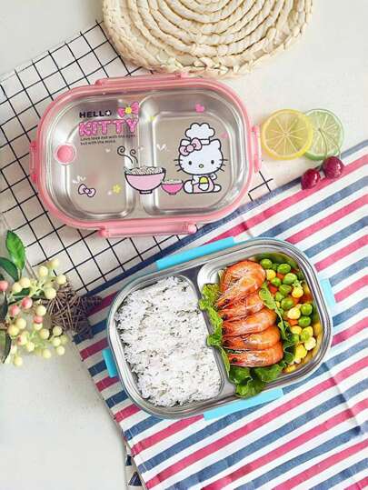 Sanrio 1 pieza Caja bento de Hello Kitty de Sanrio con cuchara - lindo recipiente portátil de 2 compartimentos de color rosa, adecuado para camping, oficina y viajes al aire libre, lavado a mano, diseño cuadrado, tema de dibujos animados, adecuado para diversos festivales. Se puede usar en casa para la vuelta al colegio, caja de frutas, fiambrera, caja bento. Regalo perfecto.