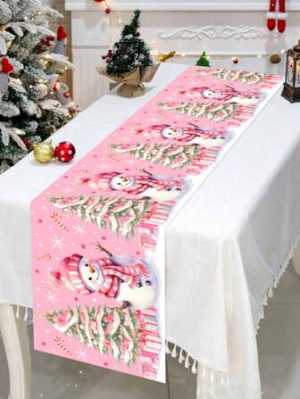 1 pieza Mantel de poliéster rosa de 35 * 180 cm / 13.78 * 70.87 pulgadas, mantel decorativo de muñeco de nieve, decoración de mesa navideña, decoración de mesa para fiesta de Navidad, textil de atmósfera cálida de invierno
