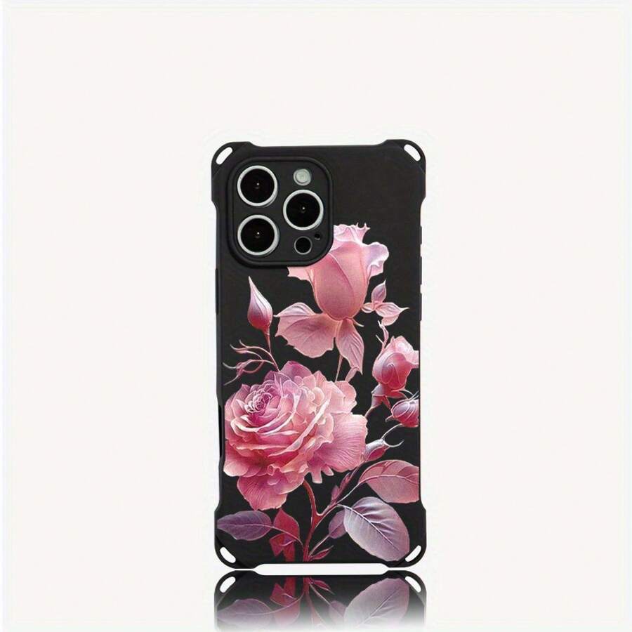Funda para teléfono 1 pieza, diseño de patrón rosa con cuatro esquinas, funda para teléfono colgante S, adecuada para 15 Plus 13 Pro 14 16 12, fundas blandas impresas de TPU - Colores mixtos 2 - Ver 1
