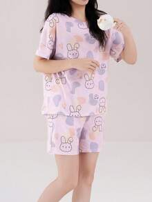 AICJ 2 件女式可爱兔子和色块印花睡衣套装，休闲短袖圆领 T 恤和口袋短裤，睡衣家居服 - 淡紫色 - 查看 4