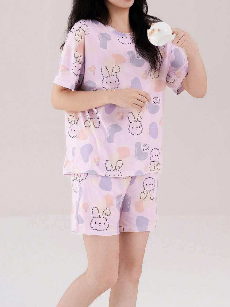 [AICJ Sleepwear] 2 peças Conjunto de Pijama Feminino com Estampa de Coelho Fofo e Bloco de Cores, Camiseta de Manga Curta Casual com Decote Redondo e Shorts com Bolso, Conjunto de Roupas de Dormir para Casa - Malva - Visão 4
