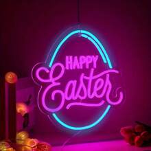 USB-Powered Happy Easter Neon Sign - Colorful LED Wall Art With Pink & Blue Design, Festive Egg Shape For Home, Bedroom, Party Decorations & Gifts, Neon Signs For Wall Decor