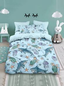 Conjunto de cama com estampa de tartaruga e tubarão marinho, 4 peças (1 capa de edredom + 2 fronhas + 1 lençol de cima), lavável, adequado para quarto, hotel, escola, apartamento