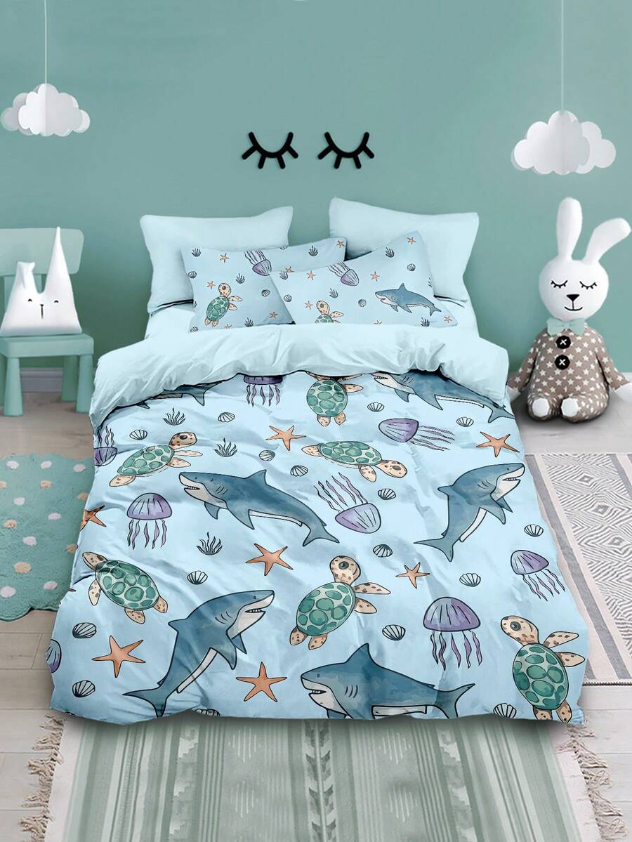 Conjunto de cama com estampa de tartaruga e tubarão marinho, 4 peças (1 capa de edredom + 2 fronhas + 1 lençol de cima), lavável, adequado para quarto, hotel, escola, apartamento