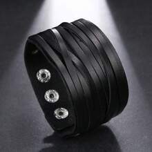 可调节朋克风真皮手镯，环绕式真皮腕带，哥特风时尚真皮手镯，男女通用 - 棕色 - 查看 10