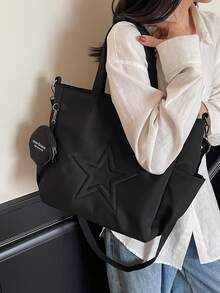 新款时尚休闲帆布手提包，带星星图案和多个口袋，包括一个零钱包