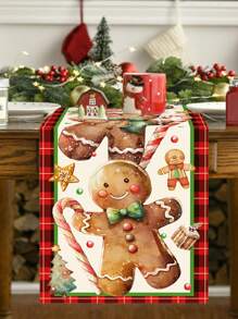 قطعة واحدة من مفرش طاولة رجل الزنجبيل مقاس 35*180 سم/13.78*70.87 بوصة، مفراش طاولة كرتوني مربع اللون لطيف، مناسب لغطاء طاولة تجمعات عيد الميلاد العائلية، ديكور طاولة حفلات عيد