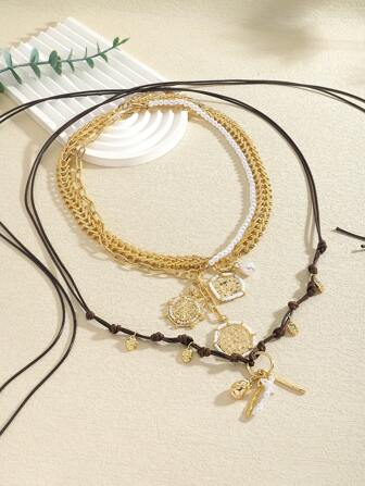 2pcs Bohemian Multi-Layered Geometric Enamel Pendant Necklaces, Fashionable Layering Necklace Suitable For Women's Daily, Shopping And Party Wear