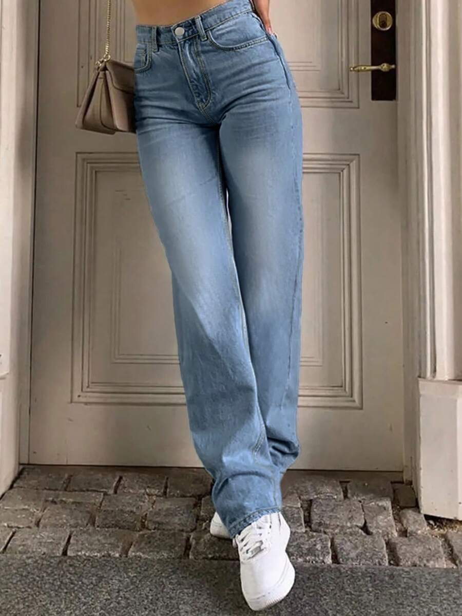 Women's Casual Simple Washed Straight Leg Jeans, Slimming, Spring/Autumn - Medium Wash - View 1