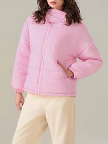 Women's Devil Horn Puffer Jacket Winter Warm Quilted Coat Long Sleeve Zip Up Outwear With Hood - 粉色 - 查看 6