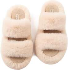 Women's Fluffy Faux Fur Slippers Comfy Open Toe Two Band Slides With Fleece Lining And Rubber Sole - màu xanh lá - Xem 2