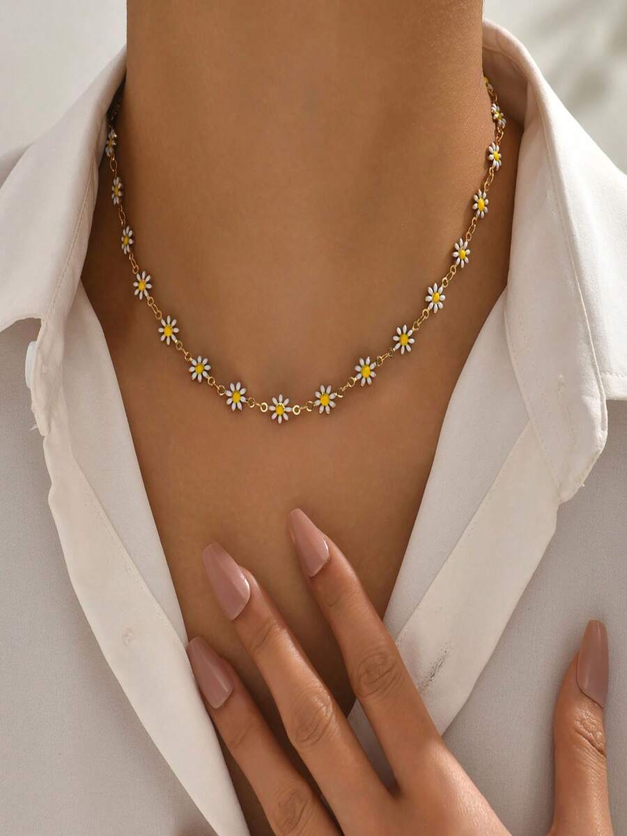 1 件时尚滴油合金雏菊花项链，清新甜美百搭金属链项链，适合女性在海滩度假和日常佩戴 - 彩色 - 查看 1