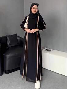 朴素时尚女式阿拉伯连衣裙休闲宽松设计，采用斋月长袍服装 - 黑色 - 查看 1