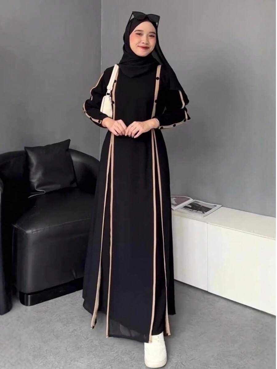 朴素时尚女式阿拉伯连衣裙休闲宽松设计，采用斋月长袍服装 - 黑色 - 查看 1