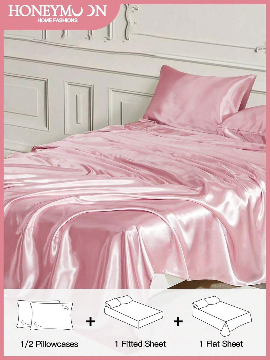 Bộ chăn ga gối 3/4 món: 1 ga trải giường satin có chun + 1 ga phủ satin + 1/2 vỏ gối satin, mềm mại và thoáng khí, chống nhăn, cải thiện chất lượng giấc ngủ, phong cách khách sạn sang trọng, món quà lý tưởng cho bố mẹ và bạn bè, độ sâu túi 35cm, có thể giặt máy, phù hợp với mọi kích cỡ giường - đơn, đôi, cỡ queen, cỡ king. - Hồng - Xem 1