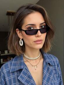 1 Pack Square Frame Y2K Decorative Fashion Eyeglasses Sweet Cool Hot Girls Suitable For Women Summer Beach Vacation, Outdoor, Travel - 黑色 - 查看 4