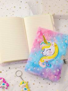 1 Stück Kinder-Einhorn Notizbuch mit Schloss - Flauschiges Tagebuch mit Sternenprint und Plüscheinband, ideales Geschenk zu Geburtstagen und Feiertagen (Mädchen Geheimtagebuch) - Verschiedenfarbig - Übersicht 5