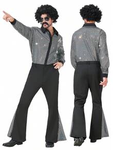 1 Set MEN's Disco Costume Vintage 80s/70s/90s Cosplay New Arrival 1970s Party Stage Performance With Hair,Necklace And Other Accessaries Christmas Party - Bạc - Xem 3