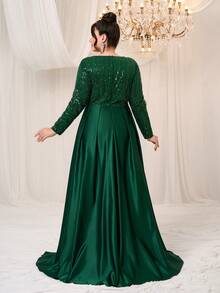 YISIKADO Plus Size Women Formal Party Evening Gown Luxurious Elegant Sequin Contrast Satin Modest Long Sleeve Dress Birthday Banquet Graduation Dinner Ball Ceremonial Dress - 墨綠色 - 查看 2