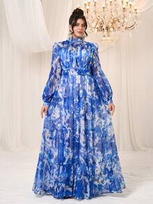 YISIKADO 大码女式雪纺连衣裙扎染长袖优雅长裙婚礼节日茶会度假毕业婚礼宾客 - 彩色 - 查看 5