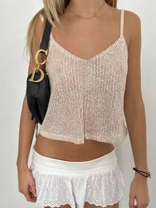 Women Y2K Sequin Cami Top Sparkle Tank V Neck Open Back Spaghetti Strap Crop Tops Summer Glitter Crop Top Party Clubwear - 杏色 - 查看 3