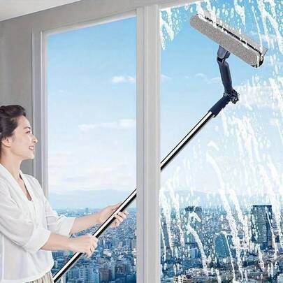 מגרד חלונות רב תכליתי אחד עם מברשת לחריצים, כלי ניקוי זכוכית חלונות גבוהים, מגב מתכוונן, מתאים לתחנות דלק, זכוכית, מקלחת, ניקוי חלונות גבוהים חיצוני