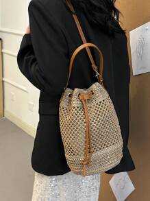Bolso de playa tipo cubo de estilo boho con cordón, bolso de mano tejido de paja, diseño de nicho de moda, bolso de cubo cruzado versátil para la playa, nuevo modelo 2025