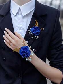 Flori bleumarin pentru încheietura mâinii și piept, accesoriu vestimentar pentru nuntă/evenimente formale/petrecere, recuzită pentru rochie de mireasă de studio foto
