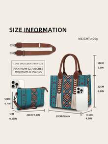 2pcs Bohemian Retro Set Including Women Tote Bag With Tassel & Wallet - Turquoise - View 4