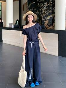 Quần ống đứng cạp ren thoải mái cho nữ - Màu xanh hải quân - Xem 4