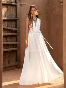 Faeriesty BohoBloom Elegant Deep V-Neck Backless Tie Strap Summer Dress - Refined Beach Vacation, Casual Summer And Bohemian Outings - White - View 6