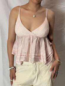 Women's Ruffle Tank Tops Summer Fashionable Backless Sleeveless Deep V Neck Spaghetti Strap Camisole - Pink - View 2