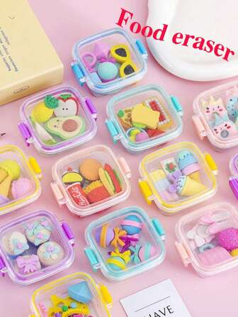Set de 4 piezas con estilo aleatorio, caja bento linda, borrador de maquillaje, combinación de artículos de papelería creativos, de vuelta a la escuela